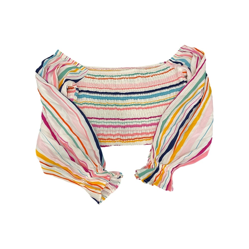 Eloquii Elements Top Size 18/20 Off Shoulder Crop Smocked Striped Long Sleeve‎